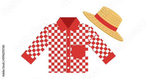 A vector graphic illustration of a red and white checkered shirt with a straw hat