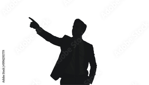 Businessman points his finger toward the upper left corner to indicate a strategic new direction.