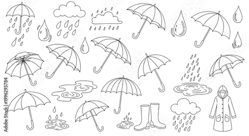 A minimalist vector graphic illustration of various rainy day icons and symbols