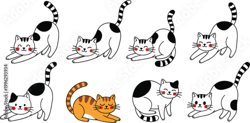 Cute cat cartoon vector set in playful poses. Funny kitten stretching, sitting and relaxing illustrations. Adorable pet characters for stickers, prints and design.