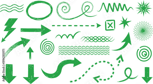 Green hand-drawn vector elements including arrows waves and shapes