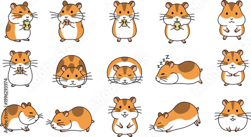 Cute hamster cartoon set in different poses. Adorable small pet collection. Funny rodent characters for stickers, kids design, and playful animal illustrations.