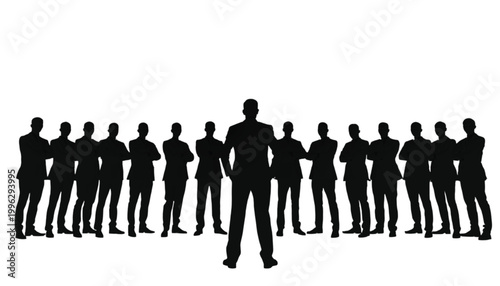 Team members stand in a line behind their leader to demonstrate organizational structure and unity.