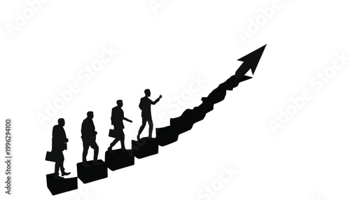 Businessmen climb a rising growth chart to reach the peak of professional success in this illustration.