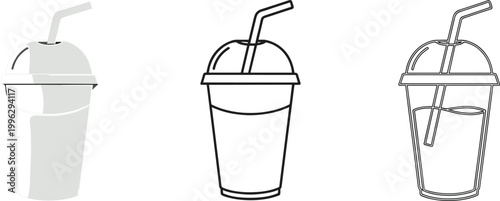 Disposable drink cup vector set with straw lid. Outline and line art styles. Plastic takeaway beverage cups for cafe, juice and fast food design.