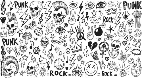 Obraz na plátně Doodle art collection punk rock skulls lightning bolts and symbols