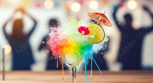 Colorful cocktail with umbrella and lime on a wooden table at a party