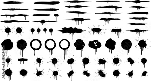 Black ink splashes splatters drips and paint brush stroke elements