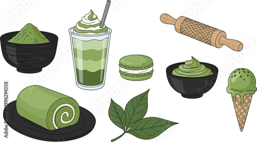 Matcha dessert vector collection. Japanese green tea sweets and beverages. Ice cream, latte, macaron, cake roll and traditional food illustrations set.