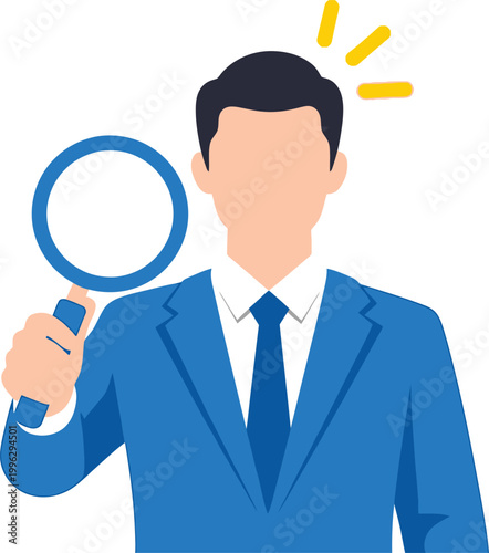 Man in suit holding a magnifying glass with magnifying discovery investigation research question curiosity detective inspector scrutinize information business illustration employee