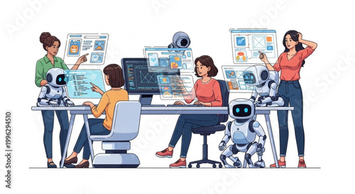 Women in technology working together on coding projects with robots and computers in a collaborative office environment