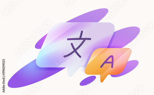 Language translation concept glassmorphism speech bubbles with foreign hieroglyphs