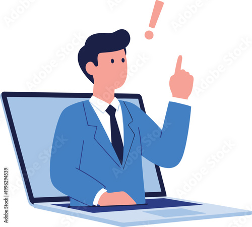 Man in suit appears from laptop screen with an idea symbol computer exclamation lightbulb thinking brainstorming innovation creativity solution technology business communication discovery