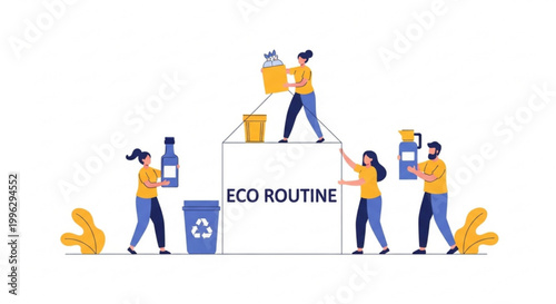A colourful illustration depicting individuals engaged in an eco-friendly routine, demonstrating sustainable practices like waste sorting and recycling for a healthier environment