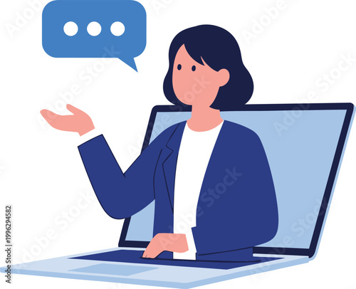 Woman in suit from laptop speaking with chat bubble communication conversation speaking business discussion dialogue teleconference illustration gesturing explanation customer connection