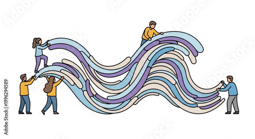 People working together to build a wavy structure, representing collaboration and teamwork in a creative endeavor