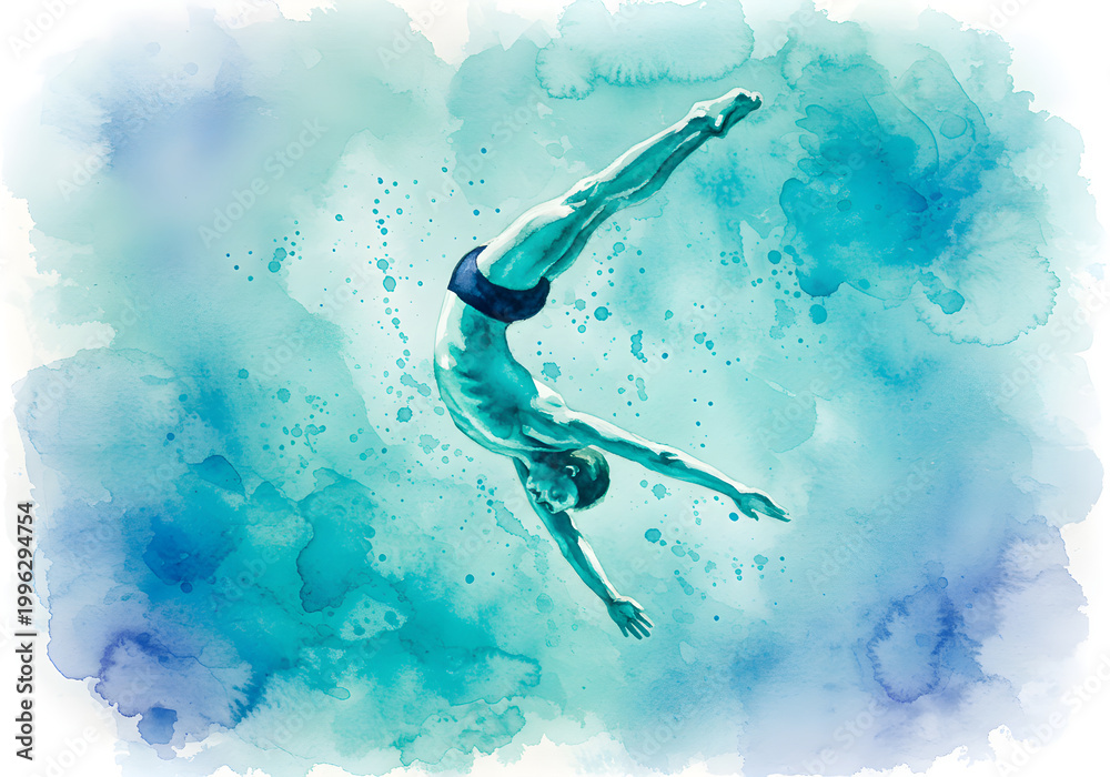 Fototapeta premium Professional male diver performing high angle dive with artistic watercolor splash effect on white background, studio lighting, expressive digital art style