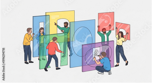 A diverse group of people are happily gathering groceries from a shared community table