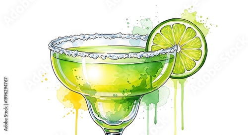 A vibrant green margarita cocktail with lime wedge on white background