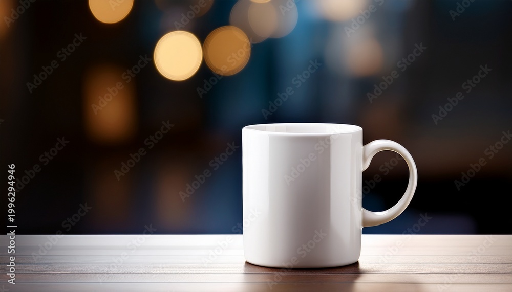 Obraz premium white ceramic mug on dark blurred background with spacious minimalist copyspace