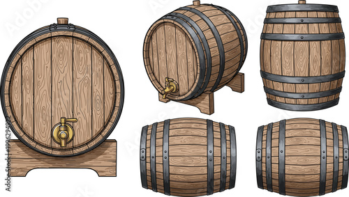Wooden barrel vector set in different angles. Vintage oak cask illustrations. Whiskey, wine storage barrels for brewery, distillery and beverage design use.