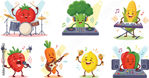 Cute Fruit Music Band Vector Set with Cartoon Tomato, Strawberry, Corn, Lemon and Vegetables Playing Instruments for Kids, Fun and Entertainment Design