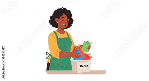 Smiling woman in an apron engaged in a creative dyeing process, carefully placing colorful fabrics into a bin for artistic color transformation and DIY craft project at home