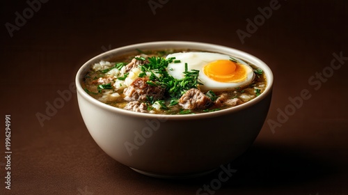 Sour rye soup with sausage and egg in minimalist setting