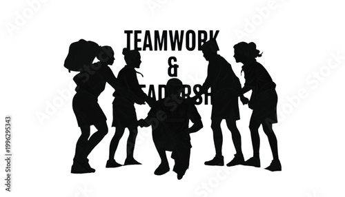 People silhouettes stand together in a group to represent the core concepts of teamwork and leadership.