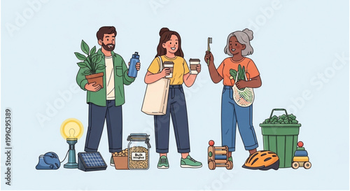 Diverse group of people embracing sustainable daily habits and eco-friendly choices for a greener lifestyle and environmental future