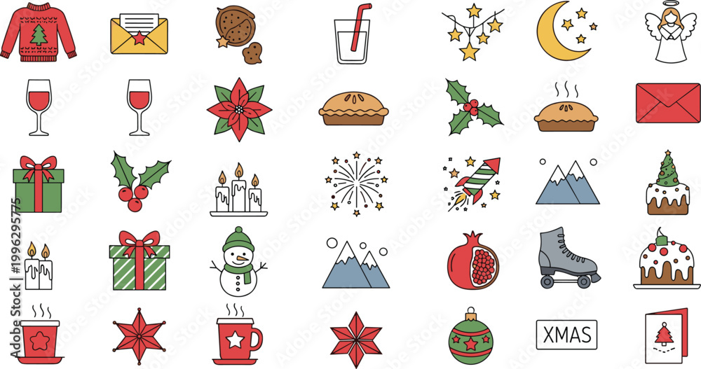 Obraz premium Christmas Holiday Icon Set Featuring Gifts Decorations Drinks Snowman Candle Stars Winter Elements and Festive Symbols for Seasonal Greeting Design Collection.