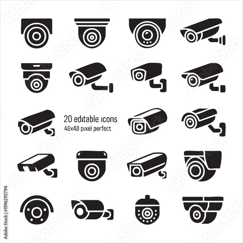 Security cameras vector icons set, surveillance cctv camera system, safety and protection technology.