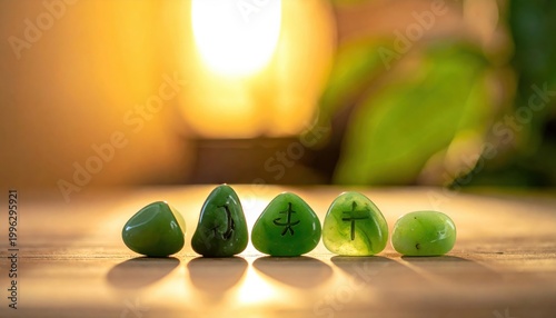 Polished green jade stones with carved mystical symbols arranged on a smooth surface, creating a serene and spiritual atmosphere illuminated by warm golden sunlight in the background.