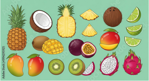 Collection of tropical fruits, including pineapple, coconut, mango, passion fruit, kiwi, dragon fruit, and lime slices, presented in a vibrant and colorful illustration