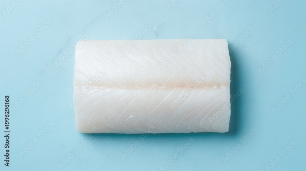 Obraz premium Fresh Pacific halibut fillet on a serene blue backdrop