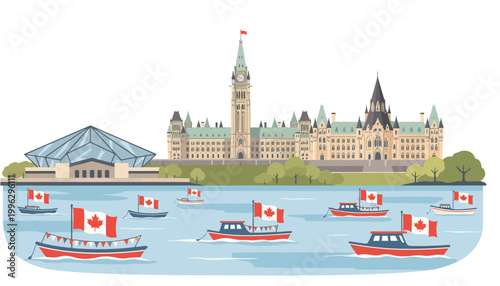 Ottawa River with Parliament Buildings and Canadian Flags Boats