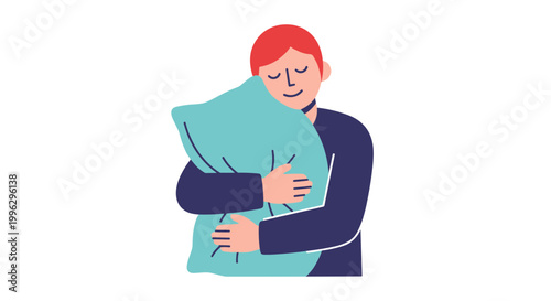 A cartoon man hugging a pillow in a peaceful and serene moment