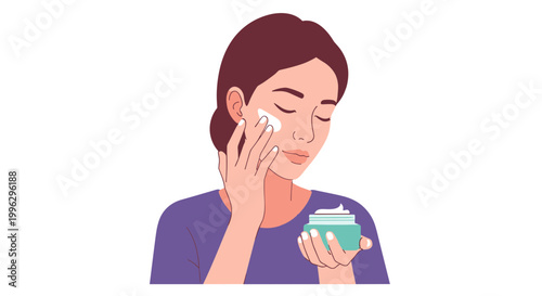 A woman applying cream to her face with a cotton pad