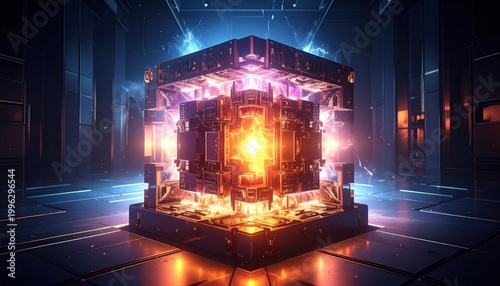 Luminous quantum processor core pulsing with light energy in a futuristic technological environment, showcasing the power of advanced high tech computing systems in a science lab.