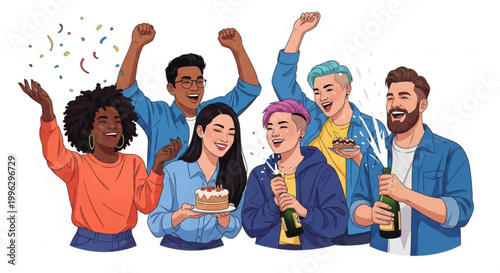 A diverse group of friends celebrating a special occasion with cake and drinks, enjoying a moment of joy and togetherness