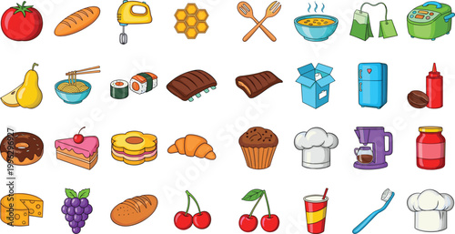 Food and Kitchen Icon Set Featuring Fruits Desserts Sushi Bread Cooking Tools Appliances and Beverages for Culinary Illustration Restaurant Menu and Design Collection.