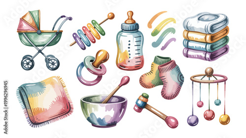 Fotografie Newborn Necessities: A delightful collection of newborn baby essentials, including a pram, rattle, feeding bottle, diaper stack, pacifier, baby booties, and a mobile, all in a charming, playful style