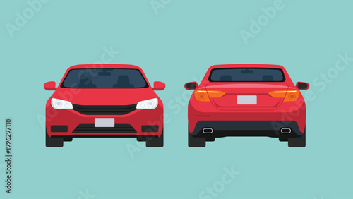 Red Sedan car in front and rear view, passenger vehicle for urban transport, commuting, automotive, mobility, and everyday driving concept, flat vector illustration