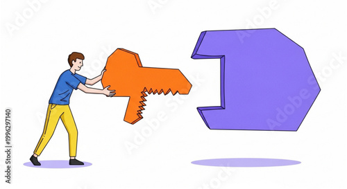 Man holding a large orange key trying to fit it into a purple puzzle piece, symbolizing problem-solving and finding solutions