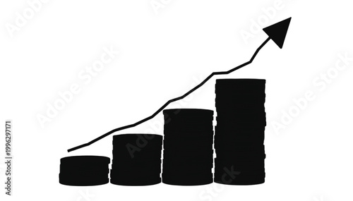 Coins stacked in columns demonstrate a rising financial growth trend shown by an upward pointing arrow.