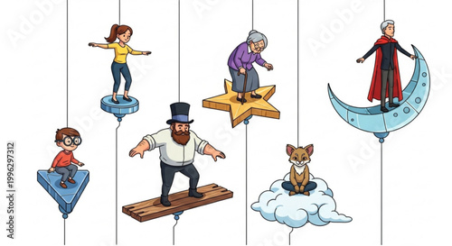 Diverse group of people and a fox suspended in the air by strings, depicting various activities and ages