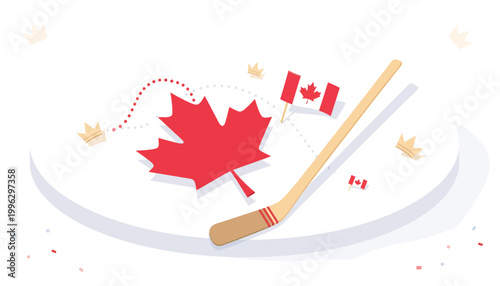Maple Leaf and Hockey Stick Flat Design Arrangement Canada