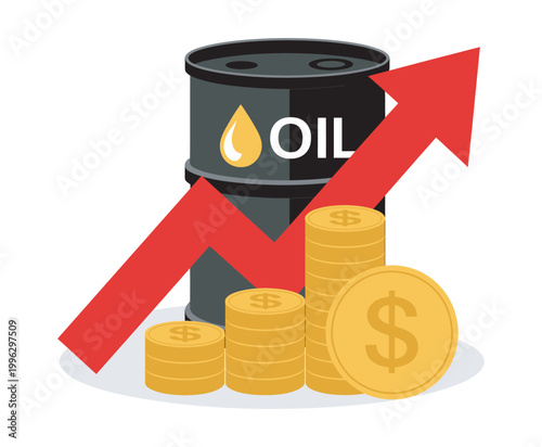 Rising oil price concept, barrel upward arrow dollar coins fuel cost increase global market economic impact transparent PNG vector set
