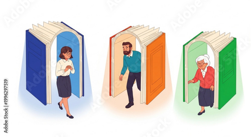 Open book doors to knowledge and personal growth, welcoming people of all ages into new experiences and opportunities