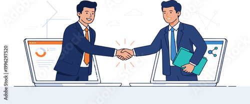 Online Meeting and Video Conference Concept with Two Men on Laptop Screen Vector